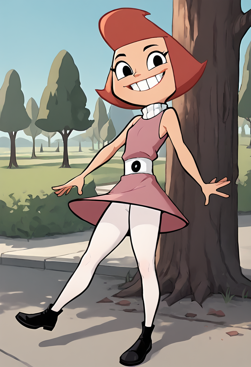 <lora:PteresaPony1.0:0.7>pteresa, pink dress, red hair, short hair, solo, 1girl, black eyes, white belt, white pantyhose, black footwear,, looking at viewer, score_9, score_8_up, score_7_up, score_6_up, score_5_up, score_4_up, grin, outdoors, tree,     <lora:Jabstyle_AMXLV1:1> jabstyle