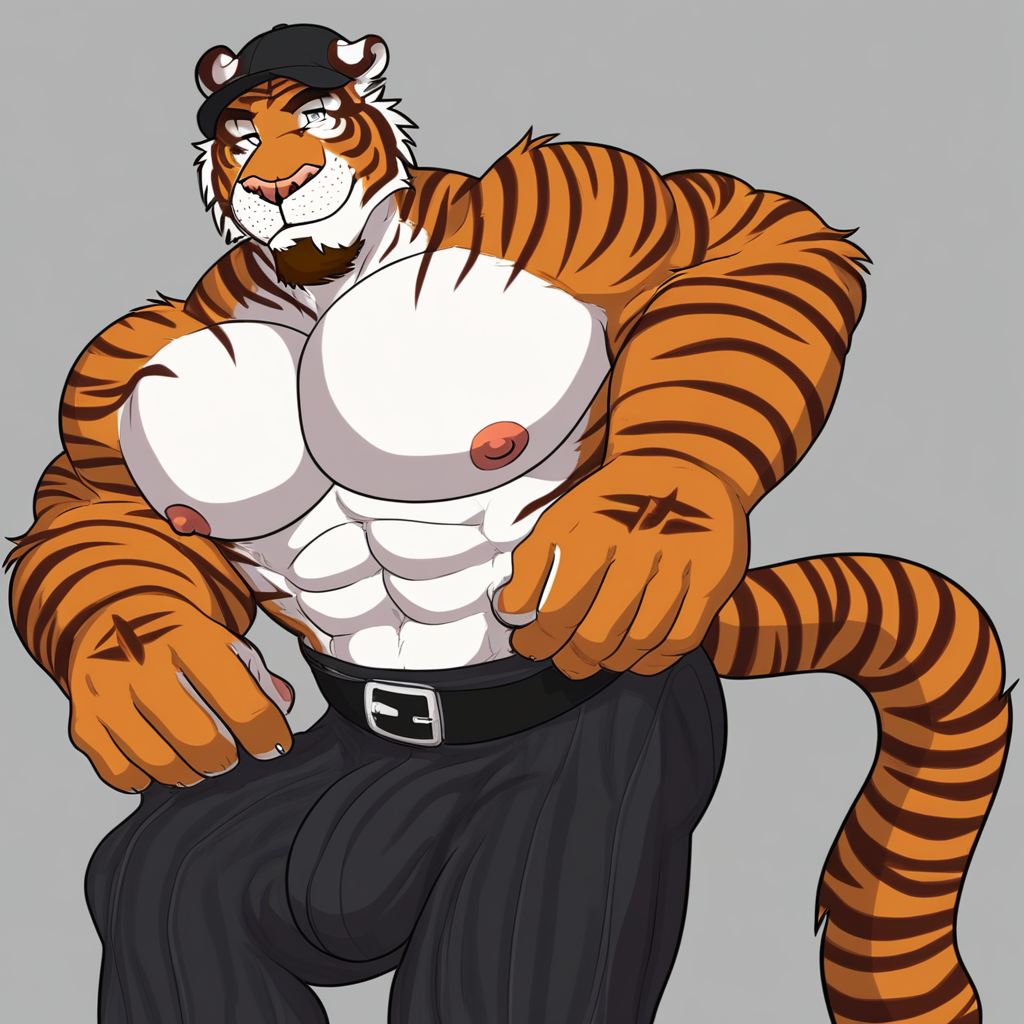 Muscular male, furry, fully dressed, tiger