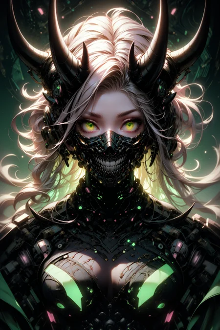 (masterpiece, best quality, detailed, aesthetic, pastel colors, backlight), scifi, (futuristic), upper body, portrait, demon girl, (green theme), cyborg, mechanical neck, mechanical horns, mask, solid background, looking at viewer, glowing eyes, glow,  <lora:Ghost_Mask_V2_Gold_Edition:0.8>