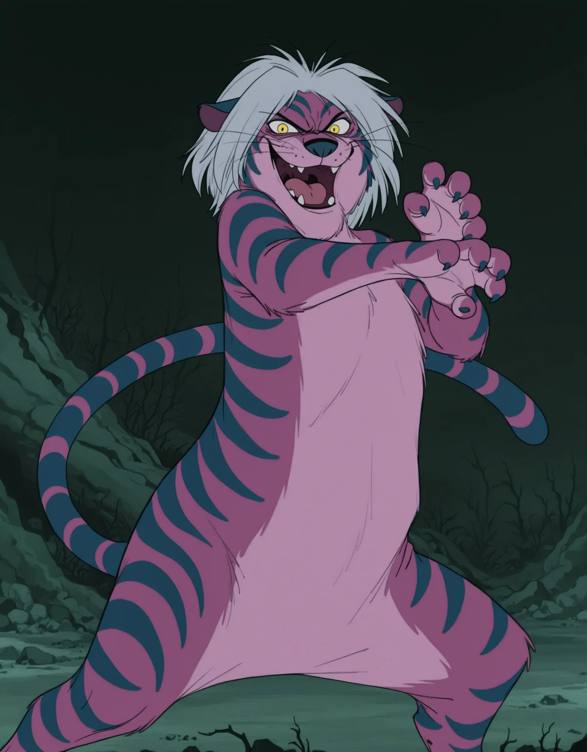 smooth quality, masterpiece, very intricate, high quality details, ultra realistic, high detailed skin, detailed environment, absurdres, solo, simple background, black background, color drain, erostigermadammim, tiger, purple fur, striped fur, yellow eyes, grey hair, whiskers, tail, (frontal view, looking at viewer, standing, fighting stance, evil face, open mouth)
