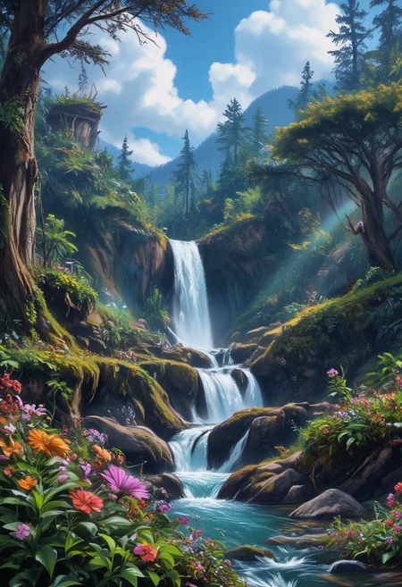 (masterpiece:1.1), (highest quality:1.1), (HDR:1.0), bush, cloud, day, field, flower, forest, garden, grass, jungle, natural spring, landscape, moss, mountain, nature, no humans, outdoors, overgrown, path, plant, pond, rainbow, river, rock, scenery, sky, stream, sunlight, tree, tree stump, water, waterfall