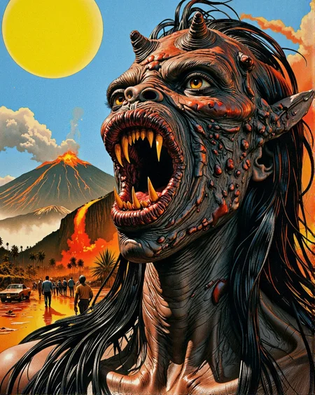 PROPAGANDA ART style, bold and persuasive imagery, dynamic compositions, serves as a powerful tool for communication and persuasion _1 breathtaking _1 analog film photo (Monster alien African Godzilla face:2). portrait with sharp teeth. Background with volcano. A close-up portrait of a monstrous man's face, etched with sharp, jagged teeth that protrude menacingly from her dark, drawn lips. Her eyes, pools of unsettling amber, gleam with predatory intensity, highlighting deep, shadowy hollows beneath. Rough, scarred skin, a tapestry of deep crimson and charcoal gray, covers her face, contrasting starkly with long, thin, black strands of hair that whip in a turbulent wind. A backdrop of bold, sun rounded â a vibrant yellow against a vibrant blue â creates a visually striking and unsettling contrast against the grim visage. The lighting emphasizes the harshness of her features, casting long, dramatic shadows across his face, accentuating the jagged lines and stark texture of his skin..(faded film, desaturated, 35mm photo, grainy, vignette, vintage, Kodachrome, Lomography, stained, highly detailed, found footage:1).(award-winning, professional, highly detailed, high resolution, masterpiece:1)