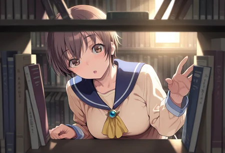 masterpiece, best quality,highres,1girl,nakashima_naomi,very short hair,brown hair,brown eyes,sailor collar,long sleeves,beige shirt,ascot,brooch,(leaning to the side:1.2),reaching book,looking at viewer,:o,blush,<lora:nakashima_naomi:0.85>,through the shelf,bookshek,bookshelf,across the book shelf,depth of field,backlighting,<lora:through_the_bookshelf-000009:1>,blurry foreground,(collagen:0.8),(mdf an:0.6),(ikuchan_kaoru:0.8)