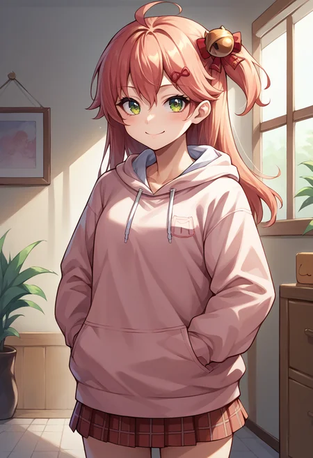 score_9, score_8_up, source_anime, 1girl, solo, SakuraMiko, long hair, ahoge, one side up, hair bell, indoors, plaid skirt, hoodie, smile, hands in pockets, <lora:CHAR-SakuraMikoPonyXL:1>