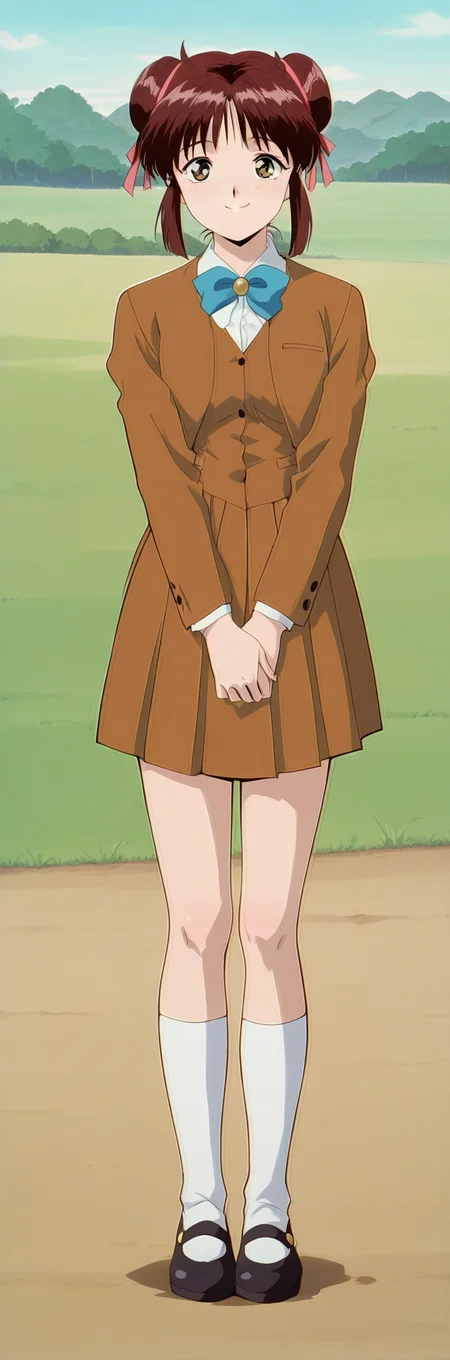 anime screencap, anime coloring, detailed face, masterpiece, best quality, very aesthetic, absurdres, volumetric lighting, official style, amazing quality, ultra detailed, highres, amazing quality, scenery, beautiful detailed hair, beautiful detailed eyes, detailed fingers,
<lora:Miaka_Yuuki_Fushigi_Yuugi_-_Illustrious_V2_with_Tamahome:1>
outdoors,
mature girl, girl is 18 years old, Miaka Yuuki, 1girl, solo, skirt, double bun, brown hair, hair bun, hair ribbon, brown skirt, ribbon, jacket, pleated skirt, brown jacket, socks, mary janes, looking at the viewer, smile, standing, full body, arms together