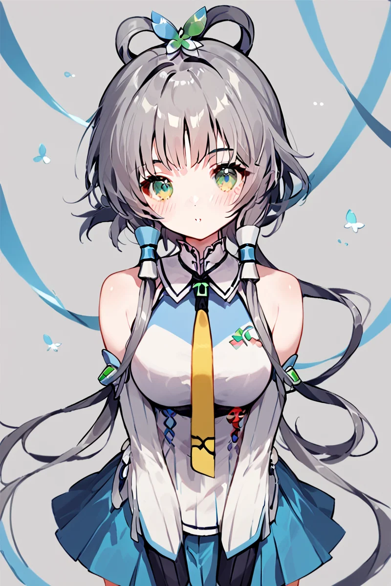 score_9, score_8_up, score_7_up, source_anime, blush, looking at viewer, green eyes, grey hair, hair ornament, hair rings, hair locks, hair tubes,
, bare shoulders, pleated skirt, sleeveless shirt, official dress, breasts, sleeveless, yellow necktie, blue skirt, detached sleeves,
<lora:luotianyi_pony:0.9>