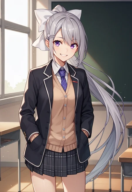 score_9, score_8_up, score_7_up, score_6_up, score_5_up, score_4_up, BREAK source_anime, kaede, ponytail, hair bow, very long hair, hair ornament, shirt, necktie, blazer, cardigan, skirt, smile, looking at viewer, classroom, hands in pocket<lora:HiguchiKaedeXL-16:0.9>
