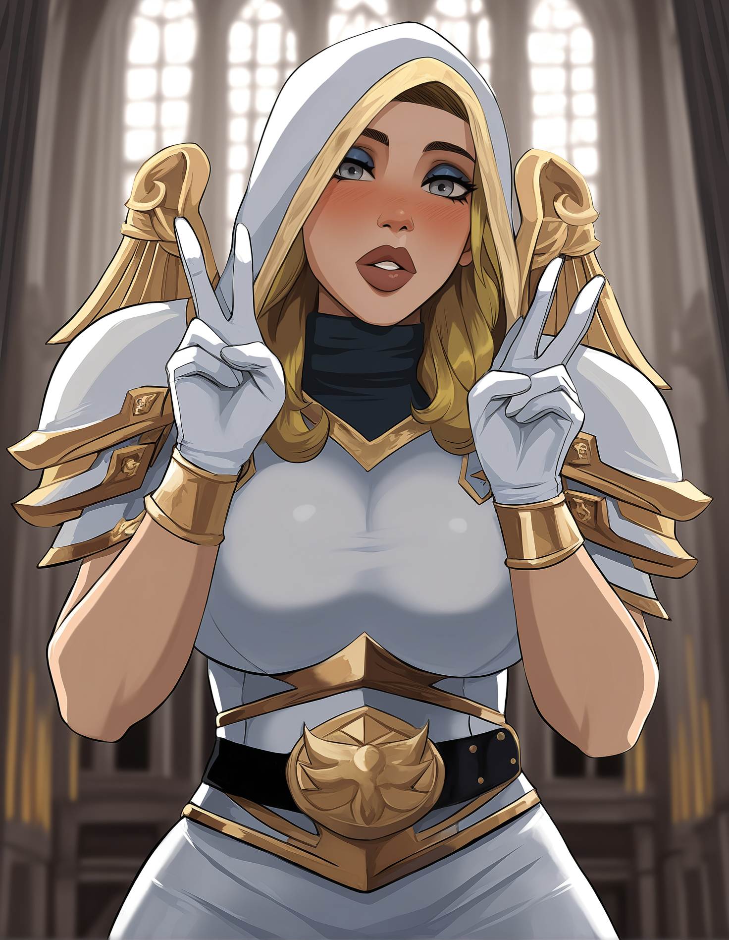 masterpiece, best quality, highres, absurdres, very awa, bloom, sidelighting,
Luna, upper body, double V,
1girl, solo,
looking at viewer, blush, parted lips, 
blonde hair, long hair, grey eyes, thick lips, makeup,
hood, white hood, winged pauldrons, turtleneck, crop top, miniskirt, white gloves, belt, gold trim, shirt,
large breasts, 
indoors, cathedral, window,
<lora:Luna 3216 NoobAIXL Vpred:1>