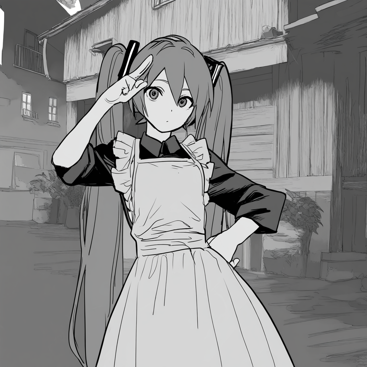 house,salute,solo,two-finger salute,white apron,hatsune miku,
masterpiece,best quality,amazing quality,very aesthetic,highres,absurdres,
ftstyle,<lora:ftstyle-noob05-v2-000007:1>,monochrome,greyscale,