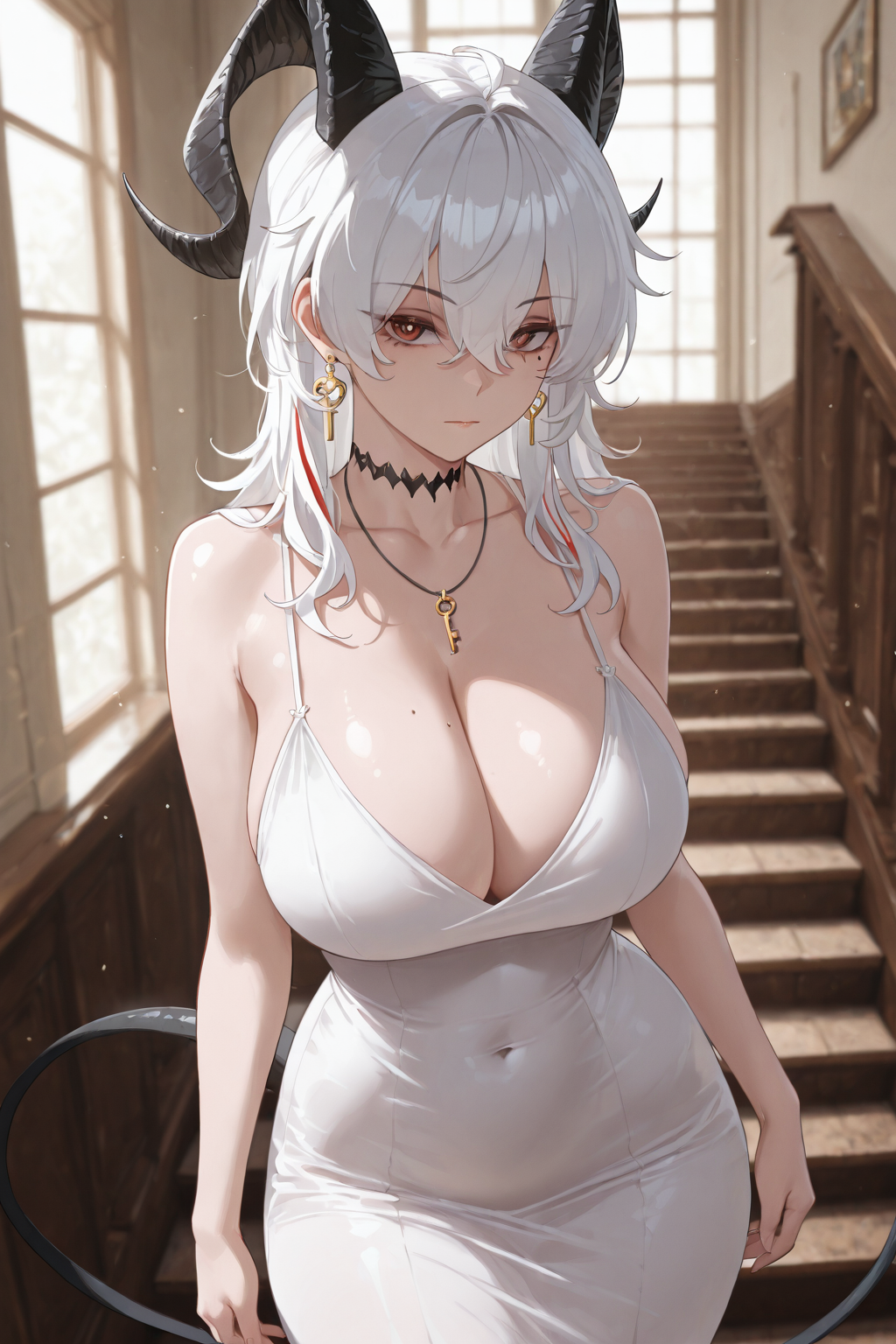 masterpiece,best quality,amazing quality,absurdres, <lora:Zani_Wuthering_Waves:1>, ZanDS, 1girl, alternate costume, bare shoulders, black horns, black tail, breasts, cleavage, closed mouth, collarbone, covered navel, cowboy shot, curled horns, dress, earrings, hair between eyes, horns, indoors, jewelry, key earrings, large breasts, long hair, looking at viewer, mole under eye, multicolored hair, necklace, red eyes, solo, stairs, streaked hair, tail, white dress, white hair