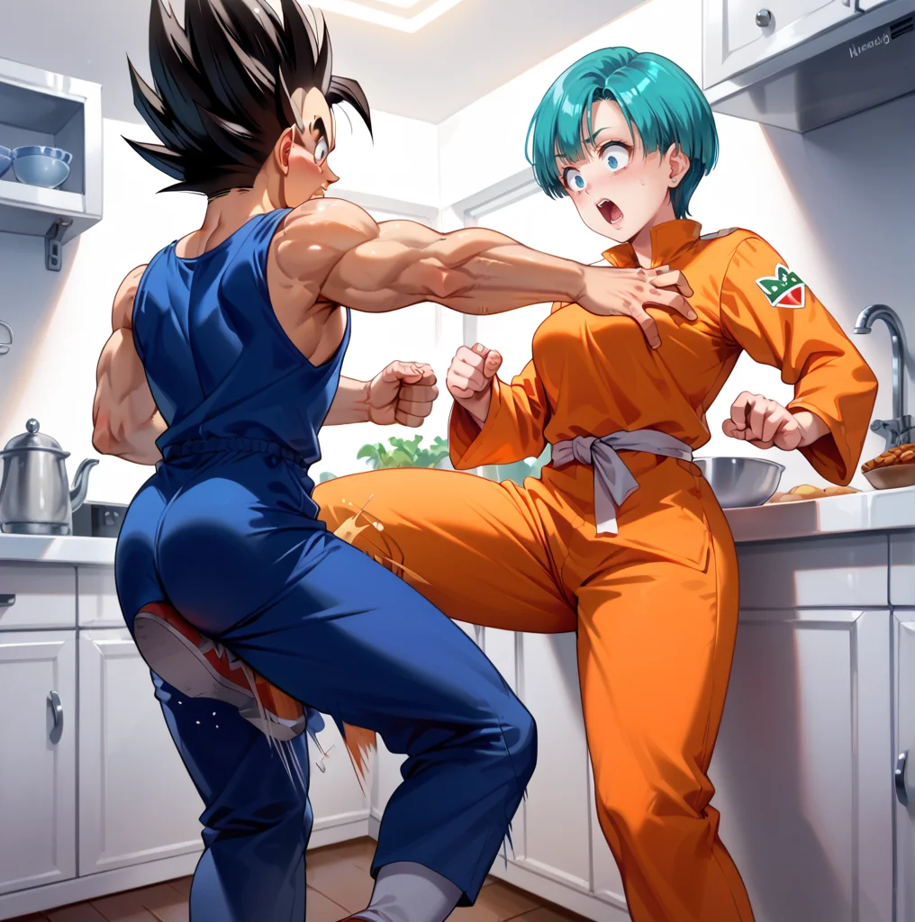 score_9, score_8_up, score_7_up, best quality, masterpiece, source_anime, rating_safe , zPDXL2, BREAK, 1boy, 1girl, vegeta, bulma, shocked, pain, open mouth ,crotch kick, kicking ,ballbusting, knee kick, kitchen ,<lora:crotch_kick:1.8> from side