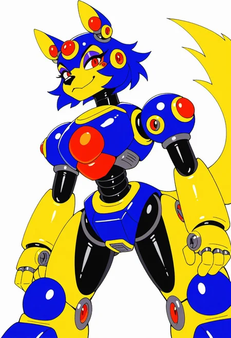 score_9, score_8_up, score_7_up, score_6_up, score_5_up, FMIXF, vibrant details, eyeliner, source_furry, view from below, (eyeshadow:1.2), blue hair, feminine eyelashes, 1girl, female, thin waist, large breasts, (yellow arms:1.2), (yellow legs:1.2), (yellow tail:1.2), friender, blue fire dog, giant, blue armor, feral, robot, robotic, black nose, red eyes, transparent, fireball, friender, fire