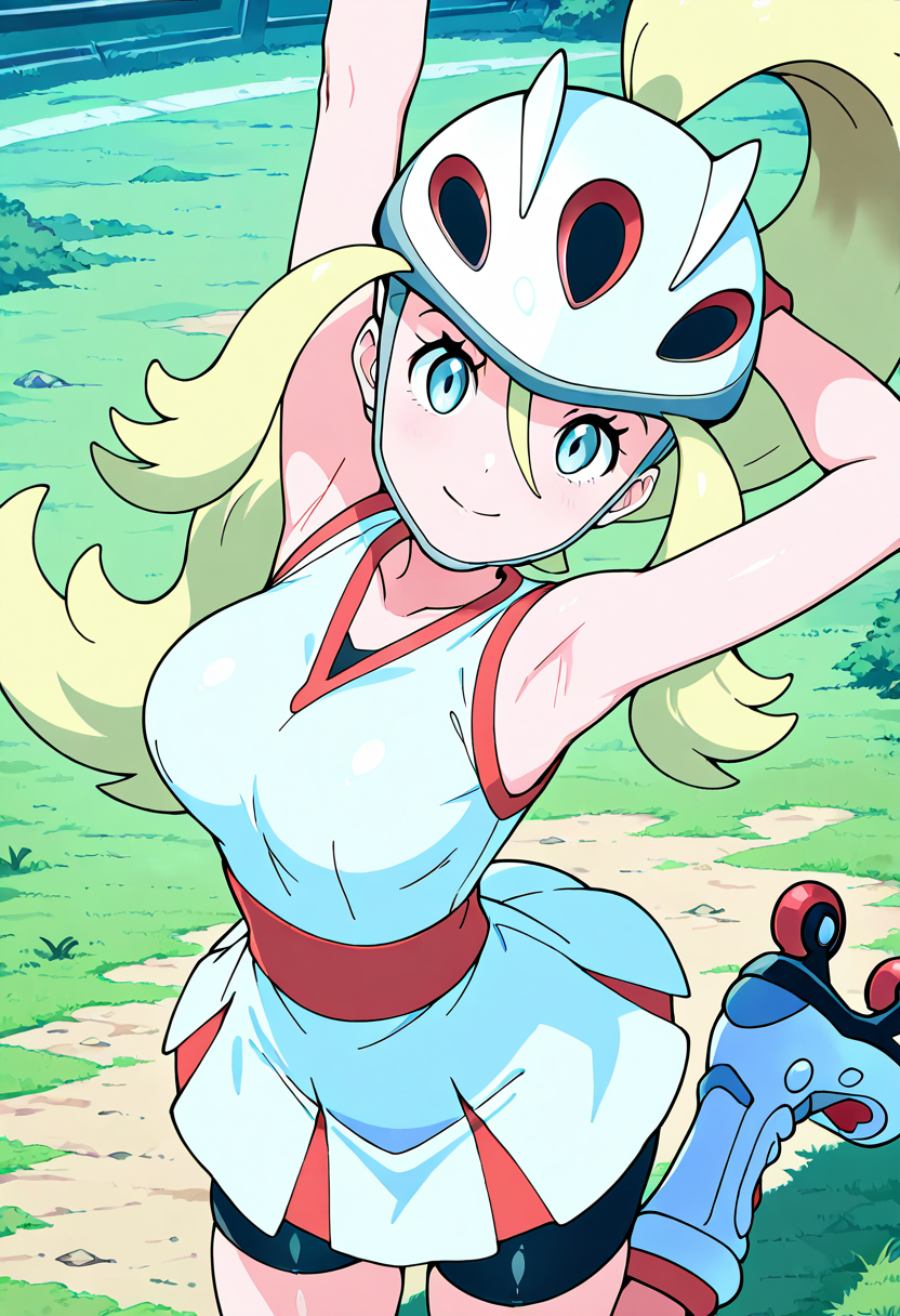 masterpiece, best quality, 1girl, solo, eyelashes, (beautiful eyes), shiny skin, looking at viewer, smile, large breasts, zzKorrina, blue eyes, hair between eyes, blonde hair, long hair, ponytail, hair between eyes, two side up, white gloves, fingerless gloves, white dress, bare arms, sleeveless dress, black shorts, short dress, helmet, grass, high ponytail, bike shorts, roller skates, shorts under dress,   <lora:KorrinaPokemon_IXL_v1:1.0>, arms up, stretching, upper body, smile, looking at viewer,