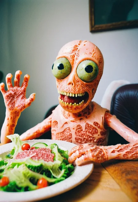 Salad fingers, analog photography, ultrarealistic, hdr, made of wagyu, psych3delic, unsettling