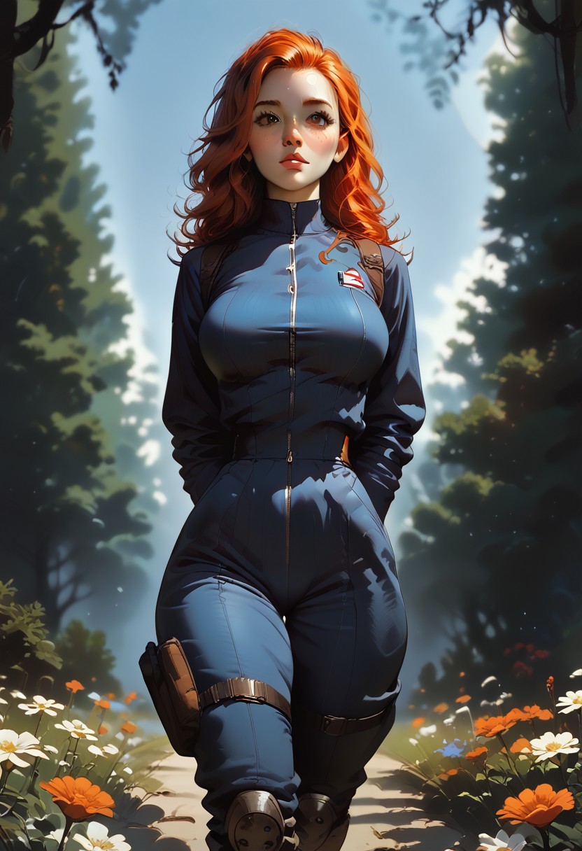 score_9, score_8_up, score_7_up, realistic, a woman, solo,
armored tactical military suit, fallout style, unzipping, muscular woman, abs, narrow waist,
cute perfect face, nerdy, slicked long ginger hair, very pretty, intricate, large breasts, perfect breasts, hips, thin, dynamic angle, braless, cinematic angle, black colored flowers,
leaning forward, side view, from below,
thick thighs, thick lips, sexy posing, horny, looking at viewer, boris valejjo, Wilnayaa,