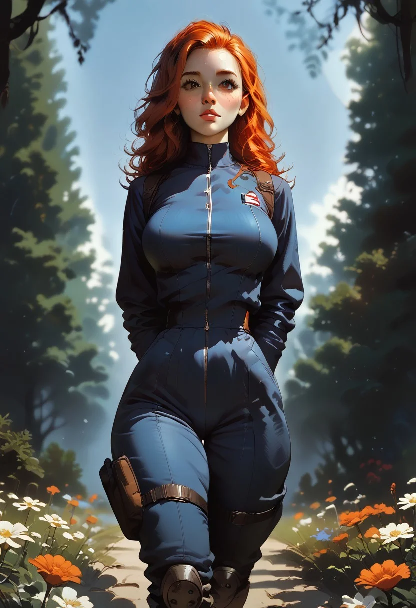 score_9, score_8_up, score_7_up, realistic, a woman, solo,
armored tactical military suit, fallout style, unzipping, muscular woman, abs, narrow waist,
cute perfect face, nerdy, slicked long ginger hair, very pretty, intricate, large breasts, perfect breasts, hips, thin, dynamic angle, braless, cinematic angle, black colored flowers,
leaning forward, side view, from below,
thick thighs, thick lips, sexy posing, horny, looking at viewer, boris valejjo, Wilnayaa,
