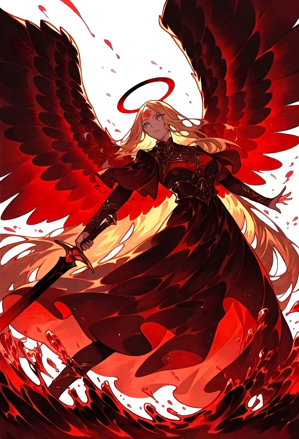 (masterpiece: 1.2), (best quality: 1.2), very aesthetic, 4k, (InkPunk: 1.2), dynamic pose,(red tones: 1.4), vivid color, deep colors,dramatic lighting, intricate details, thick contours, volumetric shadows, Expressiveh,1 girl, solo, 1 girl, solo,angel girl,angel wings,huge wings,silver eyes,blonde hair,very long hair,lotus tattoo,forehead tattoo,halo, (rage: 1.4), calling, red negligee, Holding a sword, dual wielding,fighting stance, upper body, (splashing: 1.4), motherland mother,white background,
