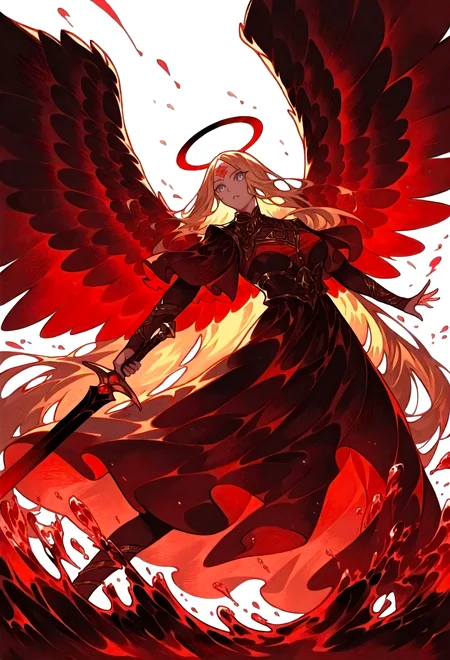 (masterpiece: 1.2), (best quality: 1.2), very aesthetic, 4k, (InkPunk: 1.2), dynamic pose,(red tones: 1.4), vivid color, deep colors,dramatic lighting, intricate details, thick contours, volumetric shadows, Expressiveh,1 girl, solo, 1 girl, solo,angel girl,angel wings,huge wings,silver eyes,blonde hair,very long hair,lotus tattoo,forehead tattoo,halo, (rage: 1.4), calling, red negligee, Holding a sword, dual wielding,fighting stance, upper body, (splashing: 1.4), motherland mother,white background,