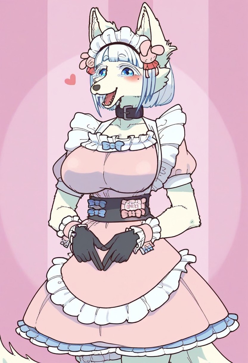 score_9, score_8_up, score_8. score_9, score_8_up, score_7_up, score_6_up, masterpiece, 4k, high quality, (best quality:1.1), ExpressiveH, 
BREAK
1girl, dress, breasts, wrist cuffs, collarbone, happy, puffy sleeves, mole under eye, blue eyes, looking at viewer, facing viewer, front view, smile, fox ears, open mouth, frills, body fur, furry female, animal nose, pink dress, black glooves, hearts, heart fingers, tail, white hair, blue hair, blunt bangs, furry, animal ears, huge breasts, standing, hip tilt, (from chest up), bouncing breasts, pink background, portait, cute, blushing