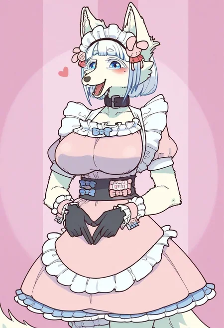 score_9, score_8_up, score_8. score_9, score_8_up, score_7_up, score_6_up, masterpiece, 4k, high quality, (best quality:1.1), ExpressiveH, 
BREAK
1girl, dress, breasts, wrist cuffs, collarbone, happy, puffy sleeves, mole under eye, blue eyes, looking at viewer, facing viewer, front view, smile, fox ears, open mouth, frills, body fur, furry female, animal nose, pink dress, black glooves, hearts, heart fingers, tail, white hair, blue hair, blunt bangs, furry, animal ears, huge breasts, standing, hip tilt, (from chest up), bouncing breasts, pink background, portait, cute, blushing