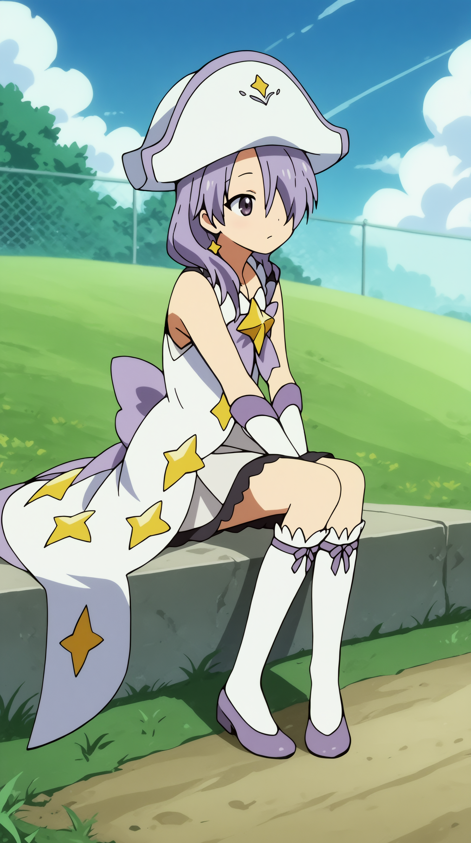 score_9, score_8_up, score_7_up,anime_source, source_anime, best background, detailed background, anime screencap, 4k, upscale,  Nanako Pleiades, Magical Costume, solo, sitting, outdoors,  <lora:JN_Nanako_Pleiades_Pony:0.8>