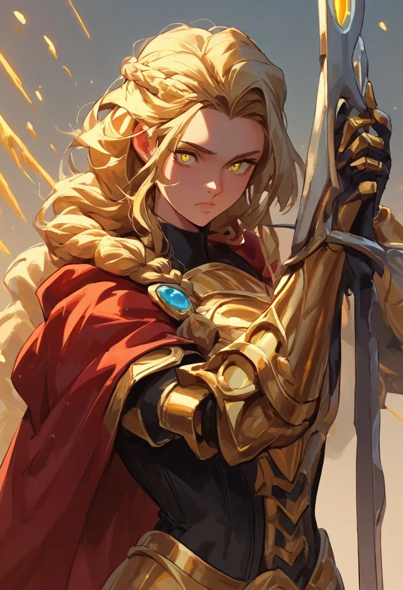 score_9, score_8_up, score_7_up, score_6_up, score_5_up, score_4_up,
paladin lady holding glowing sword, blonde hair, braid, ornate golden armor, ornate pauldrons, black corset, glowing yellow eyes, red cape, upper body, face focus