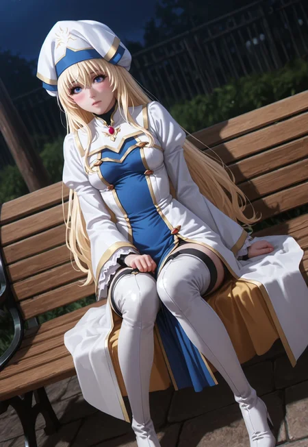 very detailed, flat color, no lineart, Vibrant Contrast, gradient colors, particle effect, (fine fabric emphasis:1.2), (((masterpiece, amazing quality, best quality, ultra-detailed, 8K, illustration, amazing quality, newest, absurdres, realistic))), highres, very aesthetic, absurd res, hi res, very awa, dynamic angle, refined, volumetric lighting, cinematic lighting, blurry background, close up vivid colors, ((source_realistic:1.6)), hyper detailed, (dynamic pose:1.4), depth of field, photorealistic colors,
photorealistic colors, perfect anatomy, detailed face, detailed hair,
1girl, priestess, (/Goblin Slayer)/,(ultra HD quality details), blonde hair, blue eyes, long hair, hair between eyes, mature female, small breasts, anime screencap
white dress, dress, long sleeves, puffy sleeves, frilled sleeves, frills, hat, white headwear, white capelet, pelvic curtain, robe, white footwear, boots, thigh boots, high heels, thighhighs, white thighhighs,
alone, solo, blush, park, sitting on bench, full body,night, dark background,