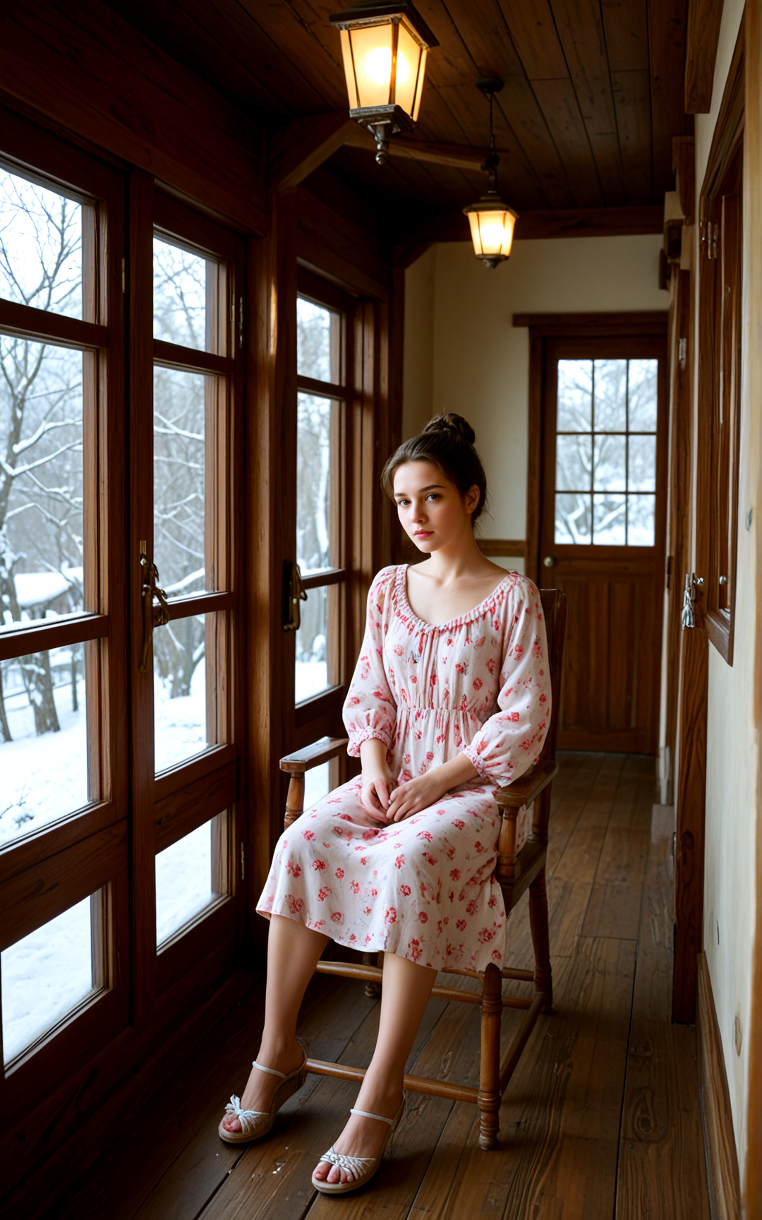 <lora:pytorch_lora_weights_361535:1>,zPDXL3,(full body photo:1.4),(full body:1.4),(full shot:1.4),(full body shot:1.4),,A 29 year old Gibraltarian Woman,[[[jade green eyes,nose ring,long,Titian curly hairs,Half-Up Bun cut,   effect ,Compromised expression, Furrowed brows, tight lips, hesitant expression,Elegant silver eyes with a smoky effect and a classic crimson lipstick]]],pale skin,(slender body:1.1),fitness:1.2),flat chest sagging,hanging breasts,Dressed in create powerful and varying colors patterns Pink, Coral Mermaids print playful, knee length dress with a fitted bodice and flared sleeves, made of breathable fabric,Sitting back in a rocking chair on a porch, with a beautiful view of a sunset and a gentle breeze blowing through,Coastal Dining Room, Light and airy, this dining room showcases a driftwood table, white slipcovered chairs, and nautical decor, Soft blues and whites evoke a beachy feel, while large windows invite natural light,A quiet winter night with soft snowflakes gently falling, illuminated by the soft glow of street lamps. The atmosphere is serene and peaceful, evoking feelings of warmth and comfort,