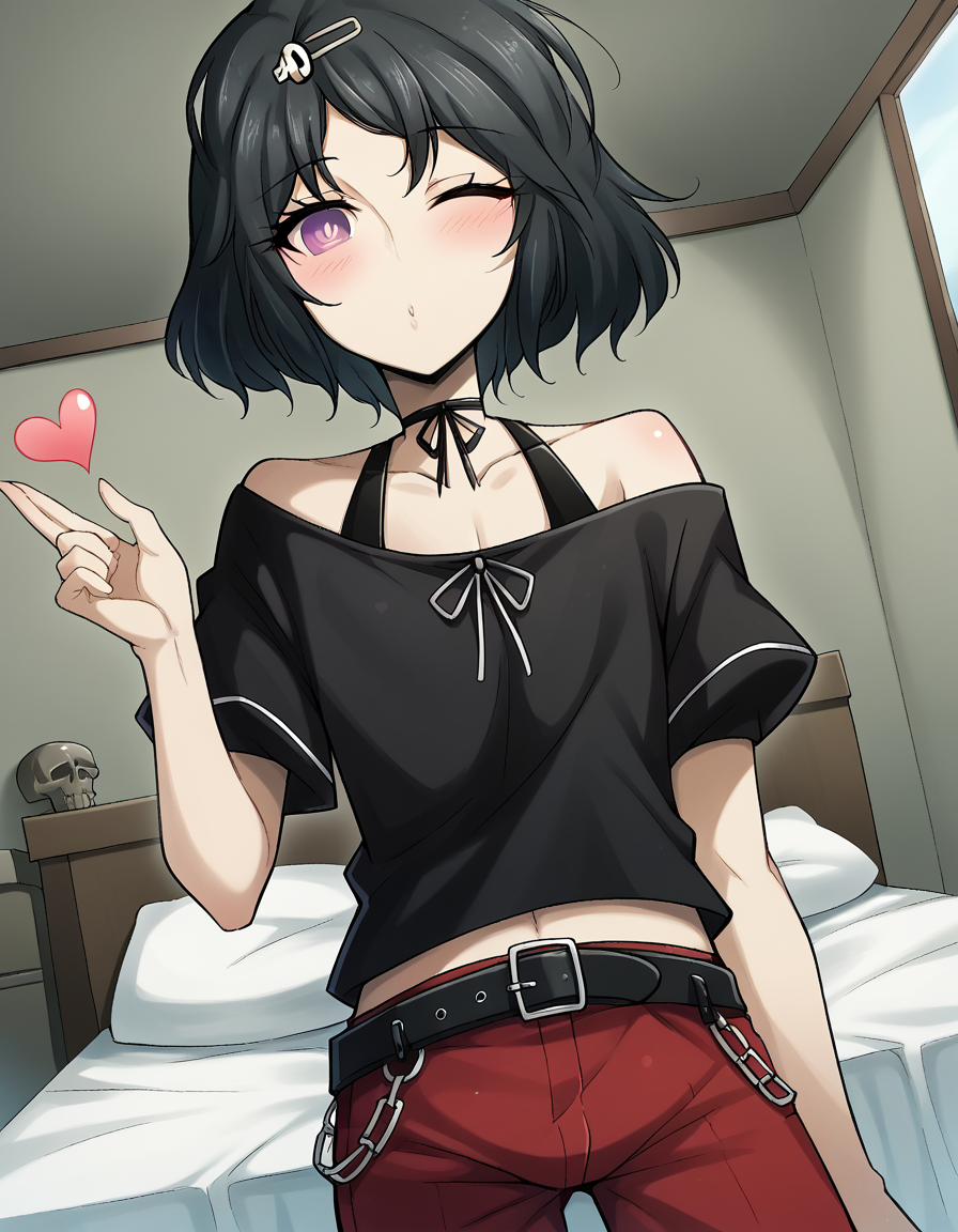score_9, score_8_up, score_7_up, source_anime, <lora:luka-urushibara-ingame-ponyxl-lora-nochekaiser:1>, luka urushibara, black hair, choker, hair ornament, hairpin, male focus, otoko no ko, purple eyes, ribbon, ribbon choker, short hair, skull, skull hair ornament, trap,, belt, black belt, black ribbon, black shirt, collarbone, midriff peek, navel, off shoulder, off-shoulder shirt, pants, red pants, shirt, short sleeves,, mosque, dome, prayer, holy, architecture, , <lora:blowing-kiss-ponyxl-lora-nochekaiser:1>, blowing kiss, pucked lips, heart, one eye closed, o3o, hand up, bed room, bed, blush, cowboy shot, dutch angle,, looking at viewer, solo,, dutch angle, cowboy shot