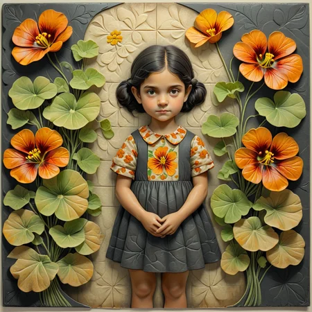 female floral print, nasturtium, child, charcoal, polyester, folk art style, Focal Layer, tetradic colors, crosshatch pattern, foreground effect, sepia tint accents, grid-based, brushed metal texture, patina finish <lora:artfully_ETHEREAL-GEOMETRIC-FLORAL-FUSION:1>,