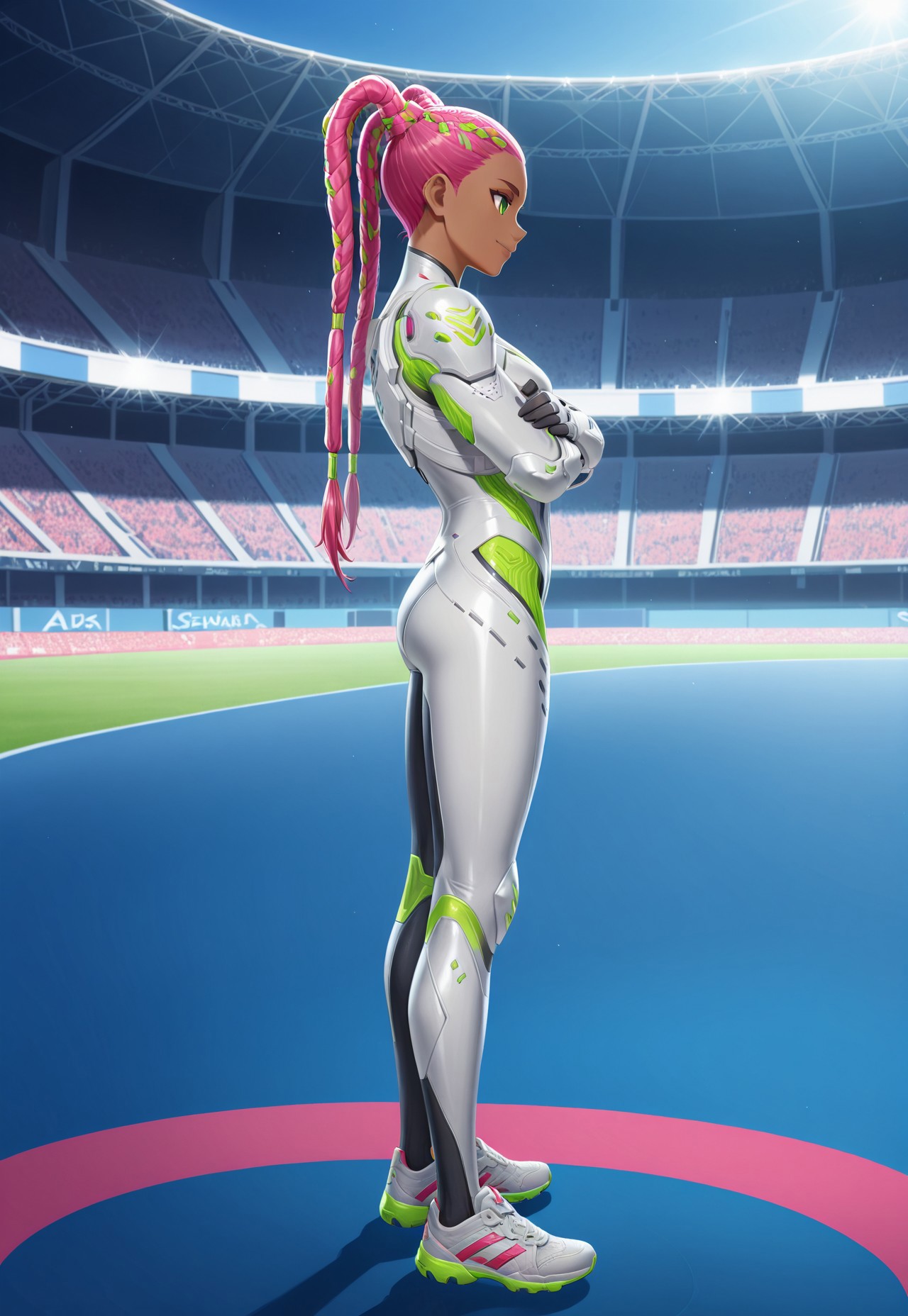 1girl, solo, IconicaPrimeF, dark-skinned female, pink hair, dreadlocks, long hair, twintails, green eyes, bodysuit, armor, sneakers, standing, full body, smile, crossed arms, stadium, outdoor, from side, looks away,

absurdres, masterpiece, best quality, very aesthetic, anime, 