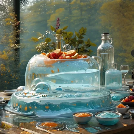 foodphoto, a bowl of fruit made out of slime, fruit in a bowl, fruit made of slime, fruit still life, bowl made of slime, table made of slime,
natural light, no bright spots, 
((translucent slime)), ((transparent slime)), made of water, (bioluminescent slime), sl1m3, slime, slime-morph, ais-blmn, saturated colors, no creatures, no humans, no monsters, no pokemon, scenery only, scenery, ral-lava, watce