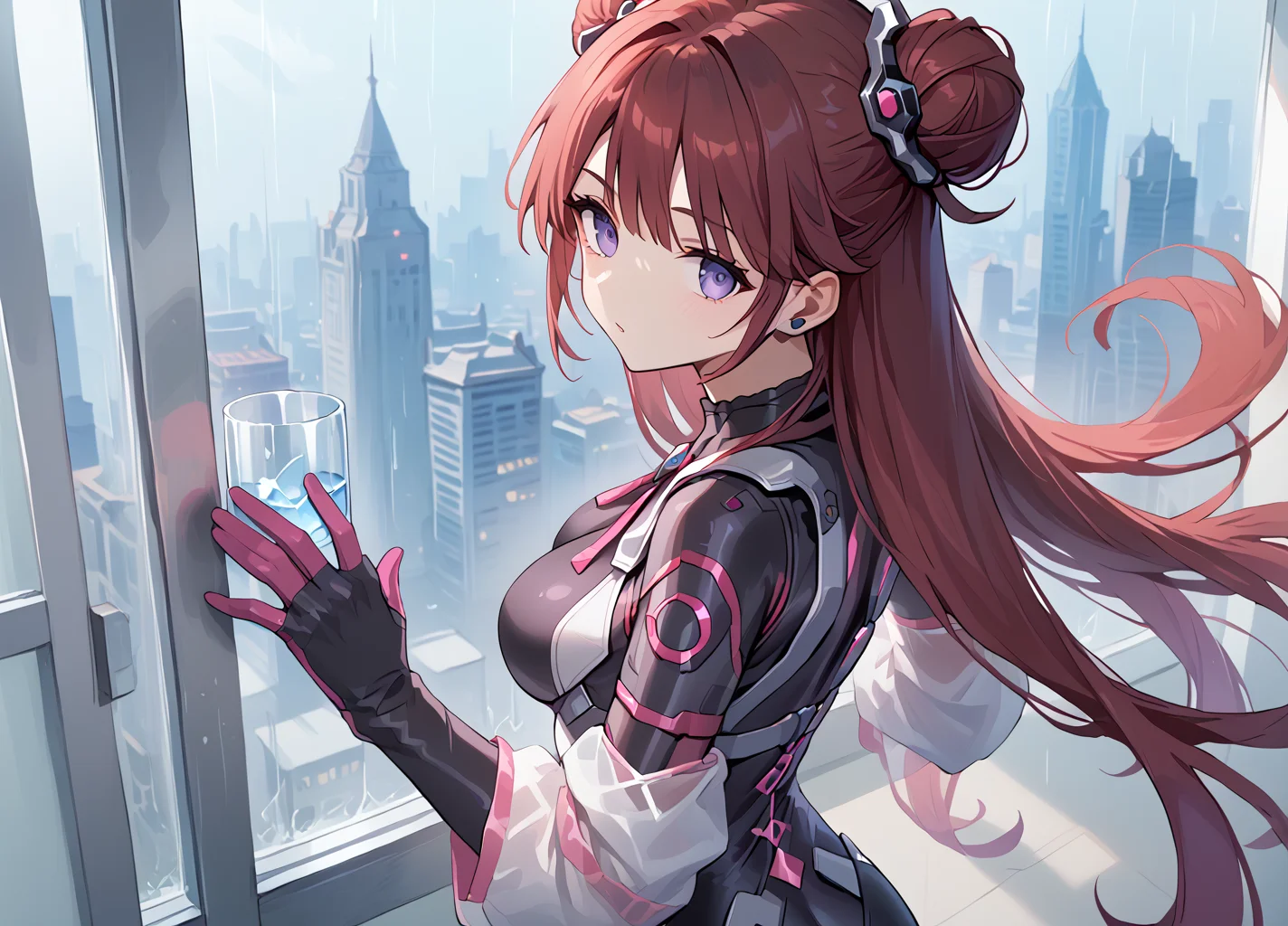 score_9_up, score_8_up, score_7_up,score_6_up,score_5, high quality,
<lora:Backup operator v1:0.9>Backup operator,1girl,  Purple Eyesï¼neckwear. red hair, bodysuit, gloves, red hair.  very long hair, breasts, hair bun,
standingã looking at viewer.from_above.Back. Gloomy.looking_back.Reflection
<lora:add-detail-xl:0.5> <lora:HandFixer_pdxl_Incrs_v1:0.8>Rain. Glass window. Hand on the glass window