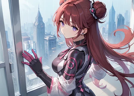 score_9_up, score_8_up, score_7_up,score_6_up,score_5, high quality,
<lora:Backup operator v1:0.9>Backup operator,1girl,  Purple Eyesï¼neckwear. red hair, bodysuit, gloves, red hair.  very long hair, breasts, hair bun,
standingã looking at viewer.from_above.Back. Gloomy.looking_back.Reflection
<lora:add-detail-xl:0.5> <lora:HandFixer_pdxl_Incrs_v1:0.8>Rain. Glass window. Hand on the glass window