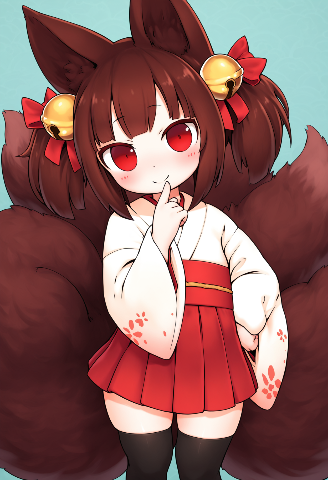 masterpiece,best quality,amazing quality,
1girl, solo, tail, animal ears, bell, hair ornament, multiple tails, fox ears, thighhighs, red eyes, fox tail, smile, japanese clothes, hair bell, skirt, looking at viewer, finger to mouth, wide sleeves, black thighhighs, brown hair, blush, short hair, hair ribbon, red skirt, aged down, bangs, fox girl, pleated skirt, twintails, sidelocks, ribbon, kimono, zettai ryouiki, kyuubi,
<lora:Akai_ugokashitari:1>