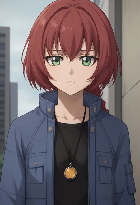 score_9, score_8_up, source_anime, highly detailed,
suou, 1girl, solo, red hair, green eyes, jewelry, anime coloring, necklace,
long hair, braid, single braid, jacket, blue jacket, pendant, upper body, bored,
outdoor, looking at viewer,