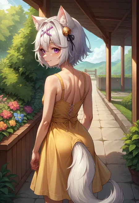 score_9, score_8_up, source_anime, 1girl, solo, Filian, tail, short hair, hairclip, hair bell, from behind, yellow sundress, garden, day, sunshine, smile, looking back, <lora:ChamFilianPonyXL:1>