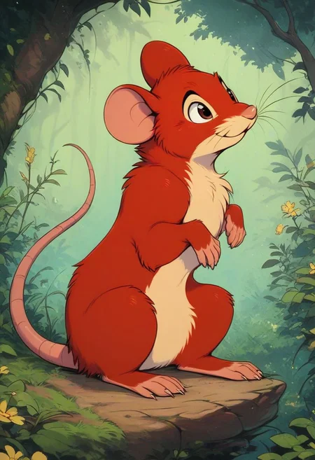 score_9, score_8_up, score_8, solo, fluffy, (feral), toes, furry, (((mouse))), male, greenish brown eyes, red fur, chest, claws, (fluffy cheeks:0.7), in the style of beatrix potter, outdoors, (solo:2), side view, j_cartoon