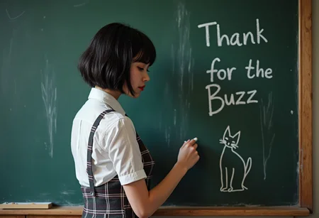 solo, ((stylish short black hair with yellow highlights and bangs)), ( Very pale ), beautiful female teacher writing on a black board, Dark makeup, ((tight plaid very short skirt and a short tie), pin stripes freckles, classroom, blackboard background, break; "Thank you for the Buzz" wrote on a black board, to the side also a chalk stick figure cat drawing on the blackboard,