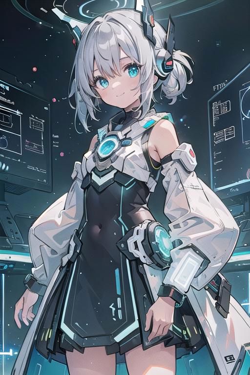 (masterpiece), (science fiction:1.4), 1girl, standing, smile, silver hair, aqua eyes, headgear, long sleeves, detached sleeves, glowing energy clothing, light particles