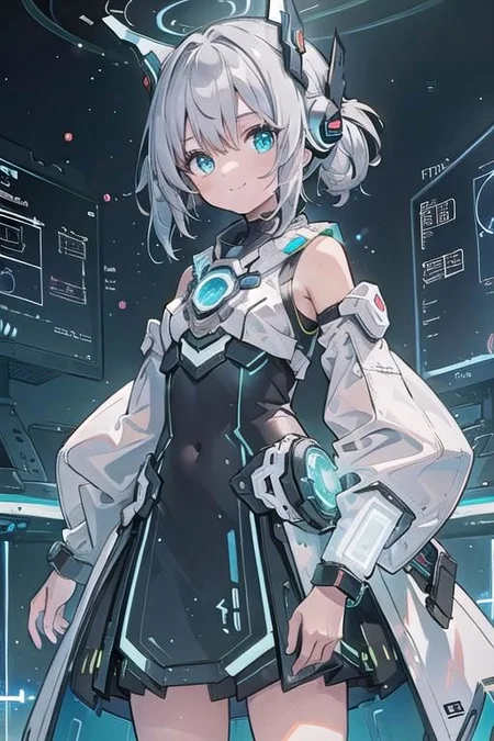 (masterpiece), (science fiction:1.4), 1girl, standing, smile, silver hair, aqua eyes, headgear, long sleeves, detached sleeves, glowing energy clothing, light particles