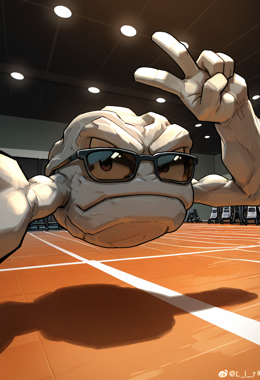 masterpiece, best quality, no humans,   ,<lora:GeodudePokedex_IXL:1.0>,  zzGeodude, looking at viewer, at gym, (v, sunglasses),