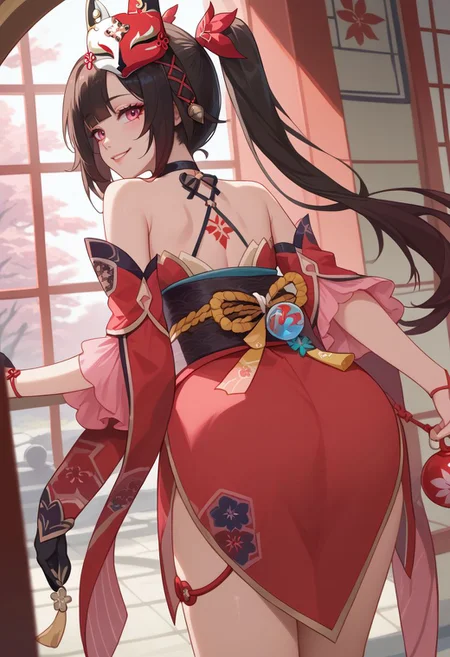 score_9, score_8_up, score_7_up, source_anime, 1girl, sparkledef, pink eyes, long hair, twintails, fox mask, mask on head, bell, black choker, bare shoulders, back tattoo, criss-cross halter, detached sleeves, red dress, japanese clothes, obi, black sash, black gloves, single glove, thigh strap, standing, smile, looking at viewer, indoors, shrine, portrait, close-up, facing viewer, from behind, looking back, against wall, leaning forward, ass, <lora:Sparkle_v1-000010:1>