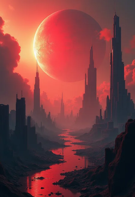 Futuristic digital concept art of a ruined cityscape with towering skyscrapers, a cracked planet with vivid red storm clouds in the background.