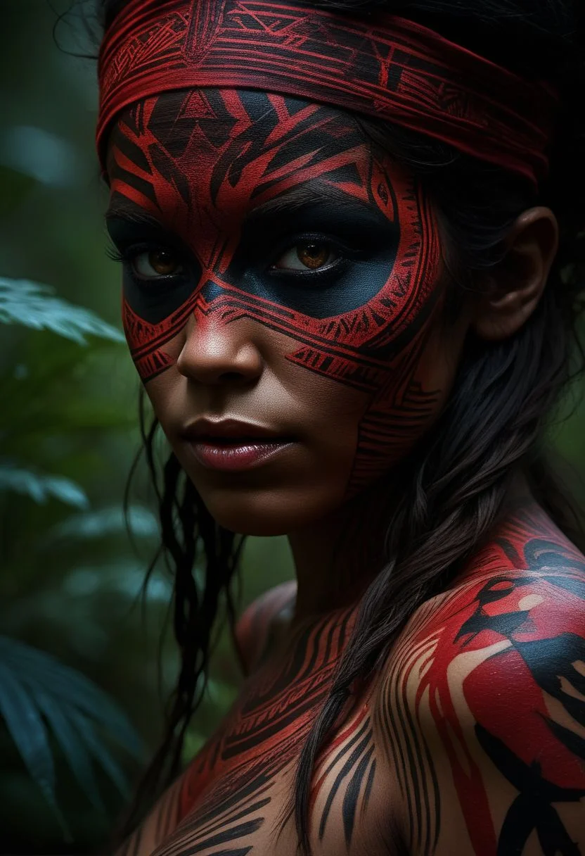 mysterious silhouette of a tribal woman, jungle, (red warpaint over eyes only), goddess, alluring, by Minjae Lee, Carne Griffiths, Emily Kell, Steve McCurry, Geoffroy Thoorens, Aaron Horkey, Jordan Grimmer, Greg Rutkowski, amazing depth, double exposure, surreal, geometric patterns, intricately detailed, bokeh, perfect balanced, deep fine borders, artistic photorealism , smooth, great masterwork by head of prompt engineering <lora:add-detail-xl:2> <lora:Double_Exposure:0.5>