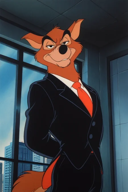masterpiece, best quality, amazing quality, disney animation, cinematic lighting,front view, looking at viewer, black eyes, wolf, anthro, furry, brown fur, male, seductive expression, black suit, tie, black pants, standing, inside, building background, retro artstyle, traditional media, dramatic lighting
<lora:waiNSFWIllustrious_v110:1> <lora:Don_Karnage_iLL:1>