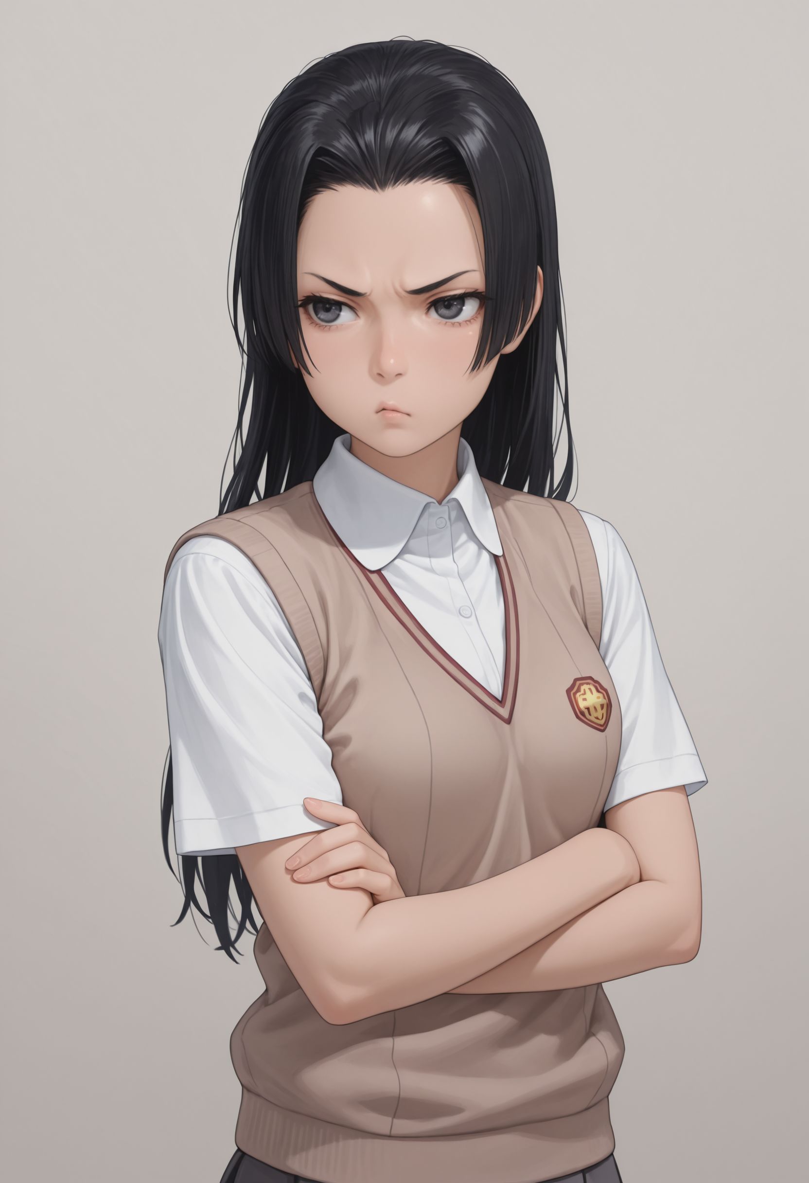 masterpiece,best quality,absurdres,highres,very aesthetic,high quality,detailed,insanely detailed,beautiful, white background, upper body, pouting, arms crossed <
, (realistic:0.5), solo, 1girl
 <lora:Kongou Mitsuko illu:1> 1girl, long hair, black hair, black eyes, tokiwadai school uniform, summer uniform, brown sweater vest, pleated skirt, white shirt, collared shirt,  short sleeves, miniskirt, grey skirt,