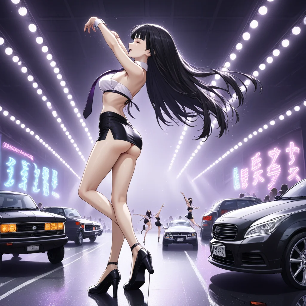 bikini, black skirt, black hair, car, dancing, necktie, short skirt, ass