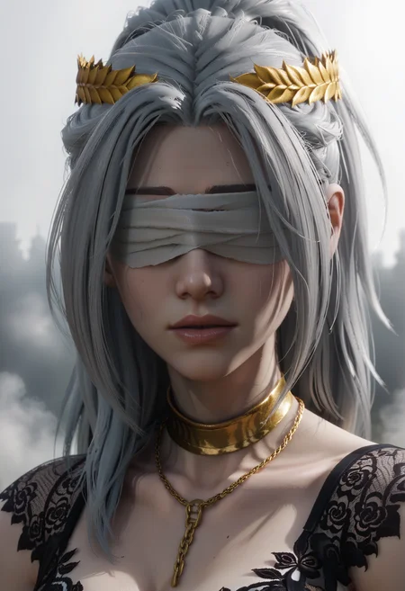 score_9, score_8_up, score_7_up,
1girl, solo, lingerie:black chemise:lace:pantyhose, gold choker:necklace:gold chain, laurel crown,
simple background, fog, portrait, close-up, depth of field,
<lora:Dark_Idriel_Pony_v1.0:0.75> d4rk1dr1el, bandages over eyes,