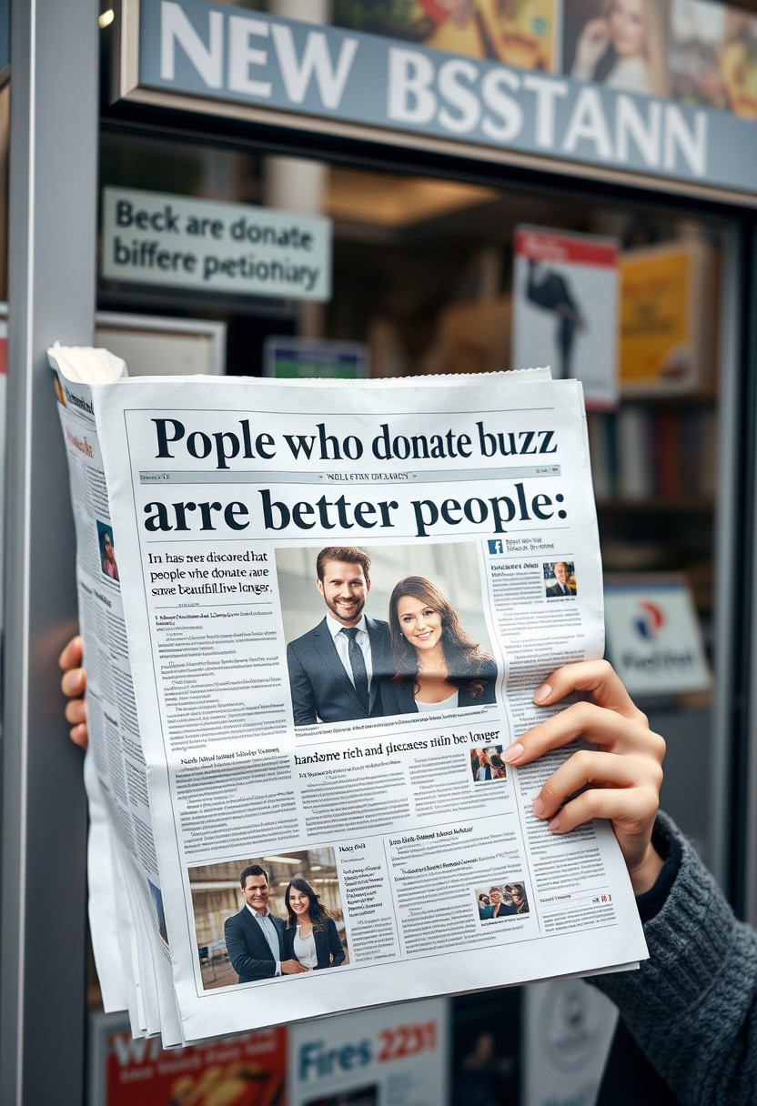 At a newsstand, you can read a newspaper with the headline "People who donate buzz are better people."
The subheading reads "It has been discovered that people who donate buzz are smarter, more beautiful, and live longer." It also includes an image of a handsome, rich, and successful man and woman.